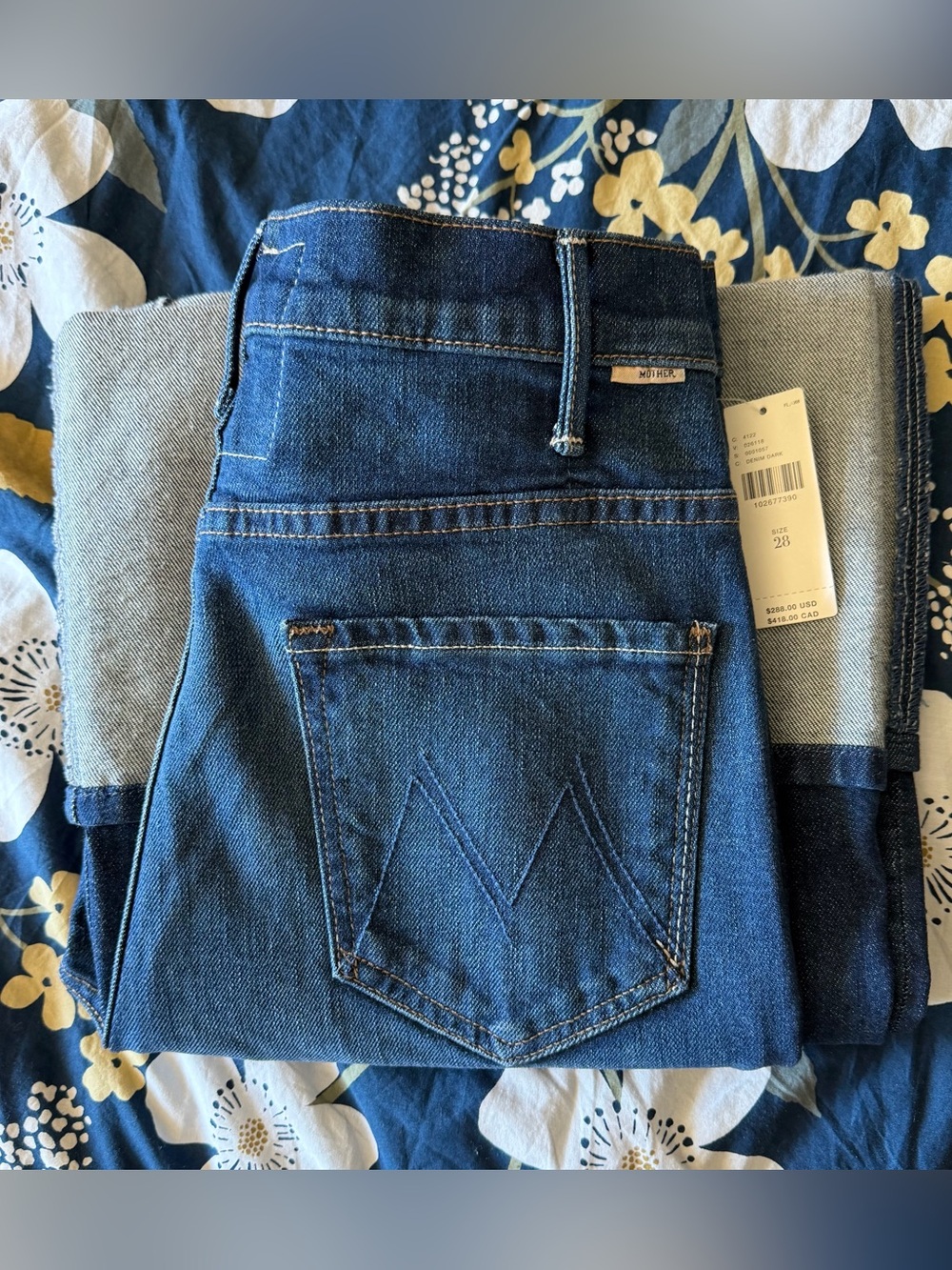 MOTHER High Rise Wide Leg Jeans in Dark Indigo with Contrast Cuffs - Picture 8 of 15
